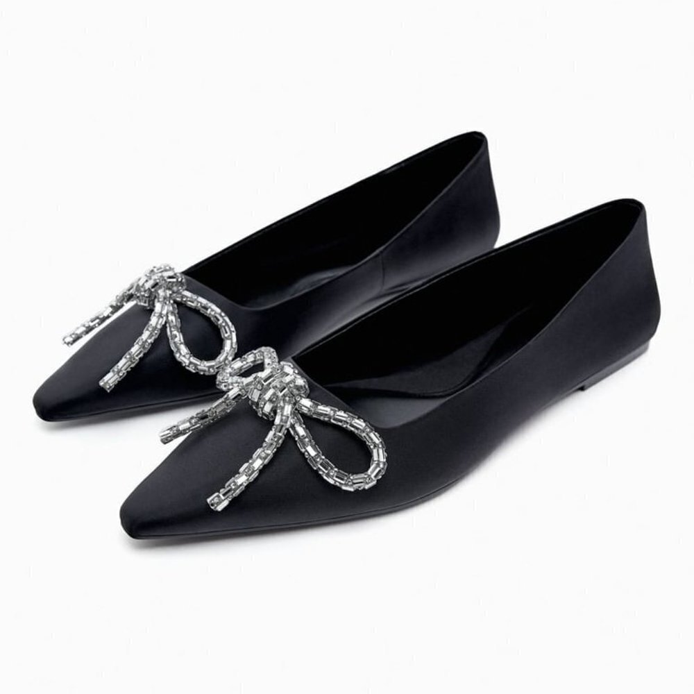 Zara Embellished Bow Ballet Flats Black Size| 2577/010